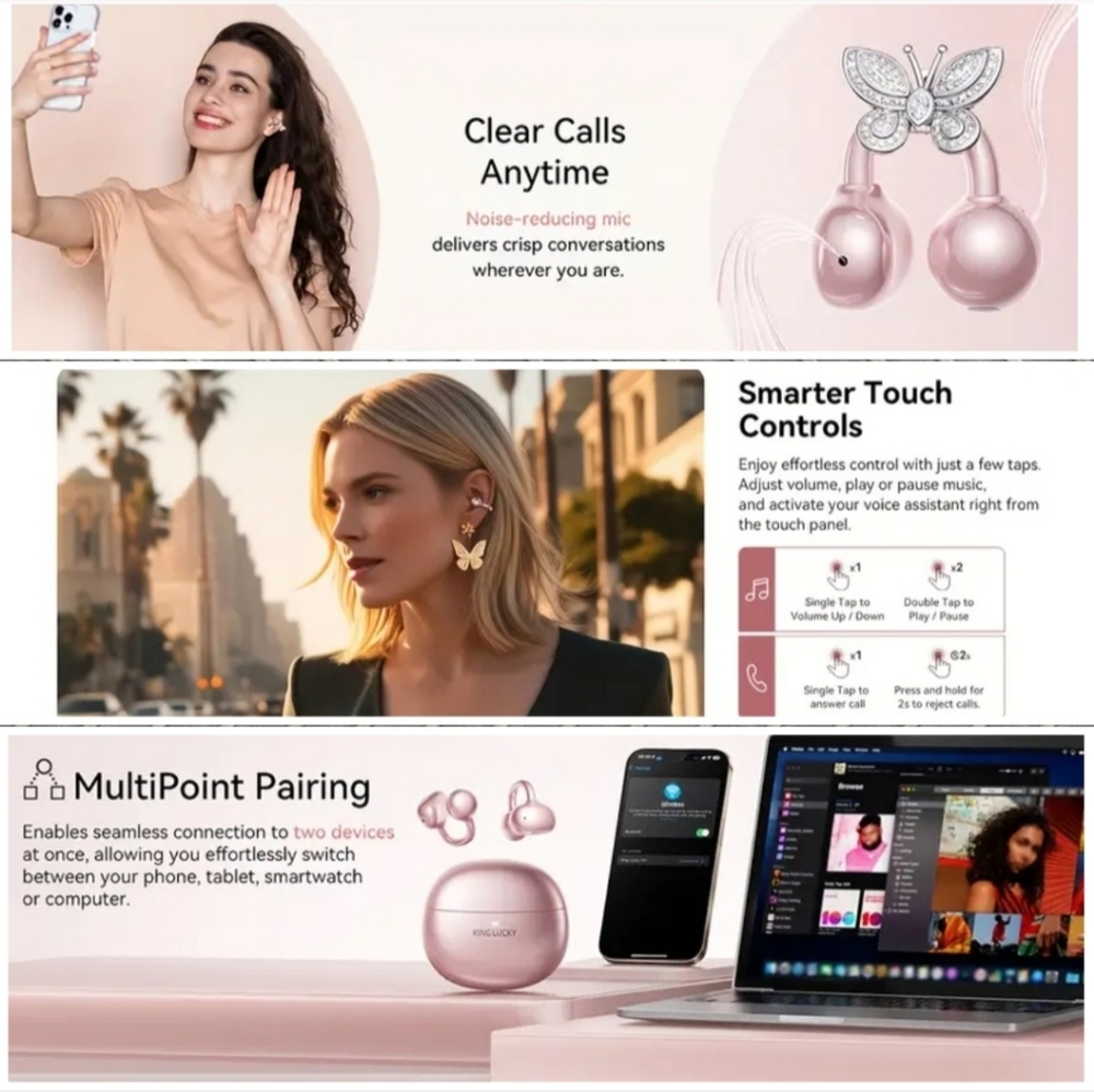 Kinglucky Clip-On Earbuds, Open-Ear Wireless Earbuds, (Jingle Bow) Black & Pink - Picture 13 of 16
